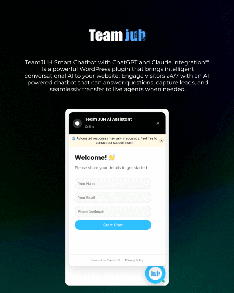 AI Smart Chatbot interface showing customizable widget with theme and branding options.