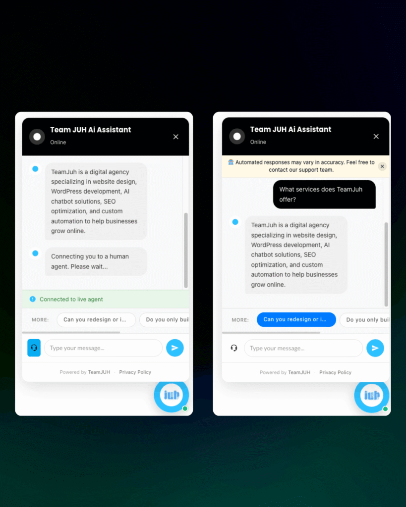 AI chatbot widget showcasing customizable themes, animations, colors, and branding options.